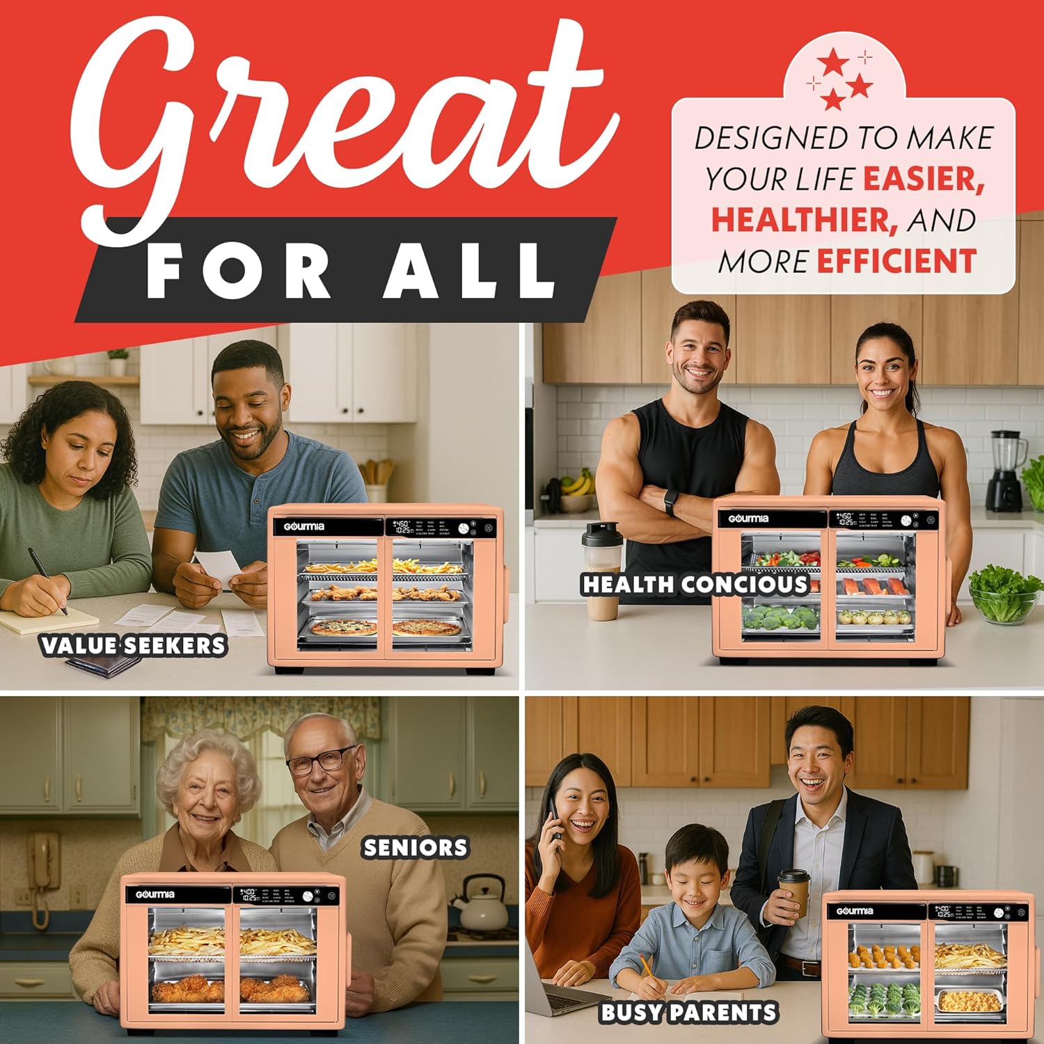 Gourmia French Door Air Fryer Oven - 37 Qt Large Capacity Convection Toaster Oven, FryForce 360°, Digital Display, 12 Cooking Presets, Dehydrate, Fits 13” Pizza, Dishwasher-Safe, Peach