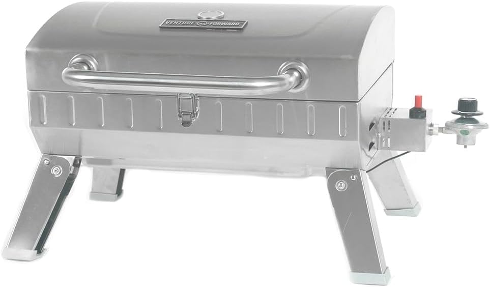 Portable Propane Gas Grill - Stainless Steel Cooking Surface, 208 sq. in. Cooking Space, 10,000 BTU Burner, Easy Push-Button Ignition, Folding Legs and Locking Lid