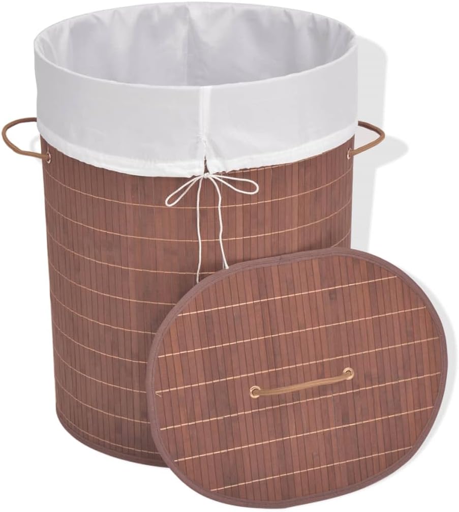 Bamboo Laundry Bin Oval Brown with Removable Polyester Liner, Foldable Storage Basket for Clothes and Household Organization, 1 Piece