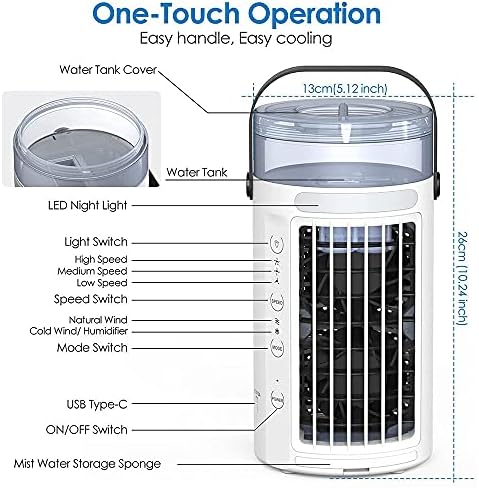Portable Air Conditioner Fan, Mini Evaporative Air Cooler Super Quiet Desk Air Cooling Fan with Handle, 7 Colors LED Light Humidifier-White
