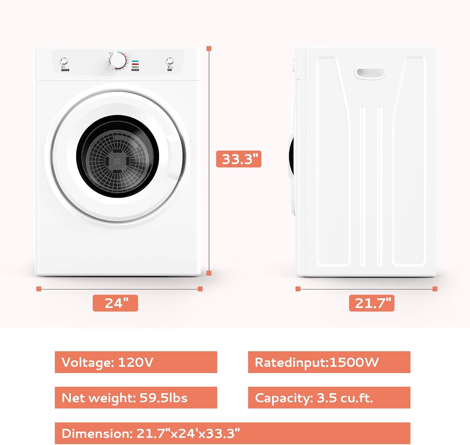 Euhomy Dryer, 3.5 Cu. Ft. 1500W Clothes Dryer, Stainless Steel Tumble Dryer with Exhaust Hose for Home, Apartment, Dorm, White