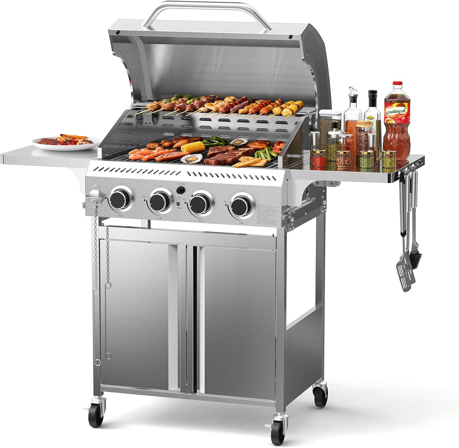 4-Burner Propane Gas Grill with 304 Stainless Steel Cooking Grid, Hanging Hooks/Heat-Resistant Handle, 32000BTU Stainless Steel BBQ Grill with Portable Wheels for Camping/Patio/Backyard