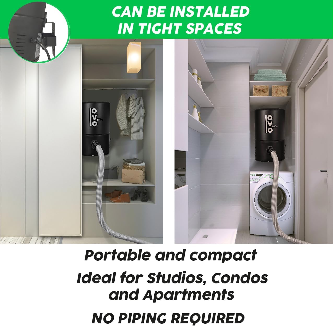 OVO Wall Mounted House Vacuum Cleaner, fits in Closet and Tight Spaces, 595 Airwatts, Use with Disposable Filtration Bags, 18L / 4.75 gal, with 40 ft Carpet Deluxe Accessory kit Included