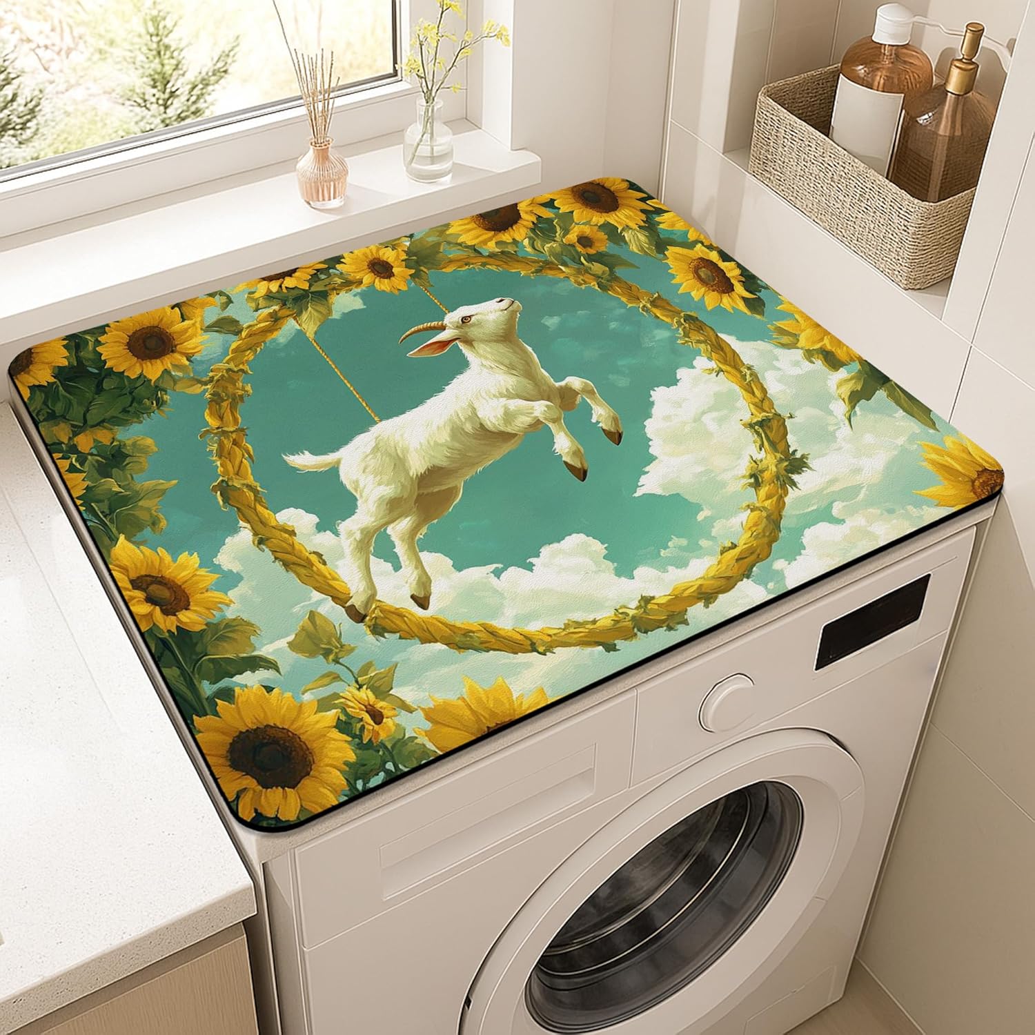Sunflower Washer Dryer Top Protector Mat, Vintage Floral Laundry Machine Dust Covers, Rustic Rubber Anti-slip Waterproof Washer and Dryer Mats for Laundry Room 20x24 Inch