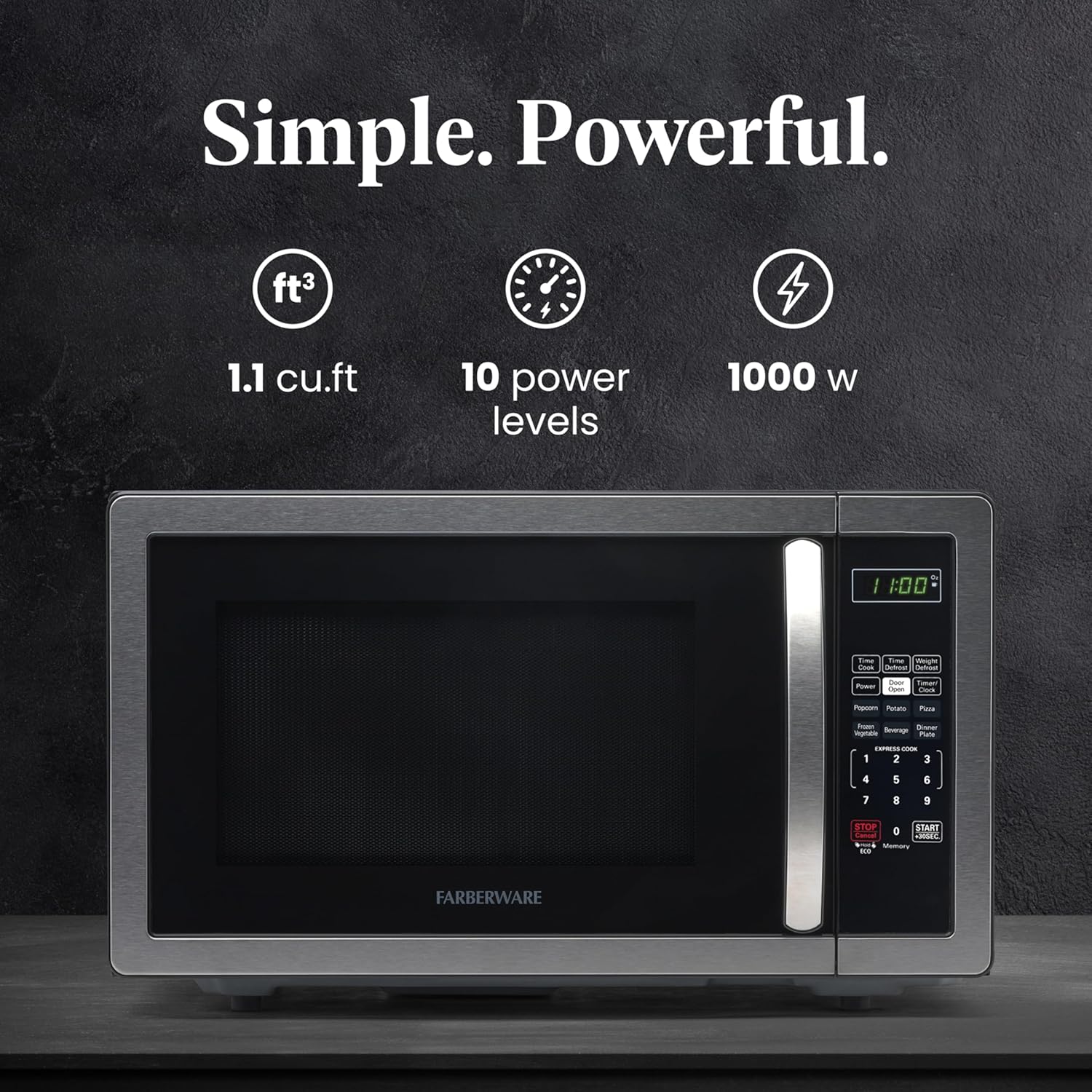 Farberware 1.1 Cu. Ft. Countertop Microwave Oven – 1000 Watts Power, Auto Cook Settings, Defrost, Easy Clean and Child Safety Lock - Stainless