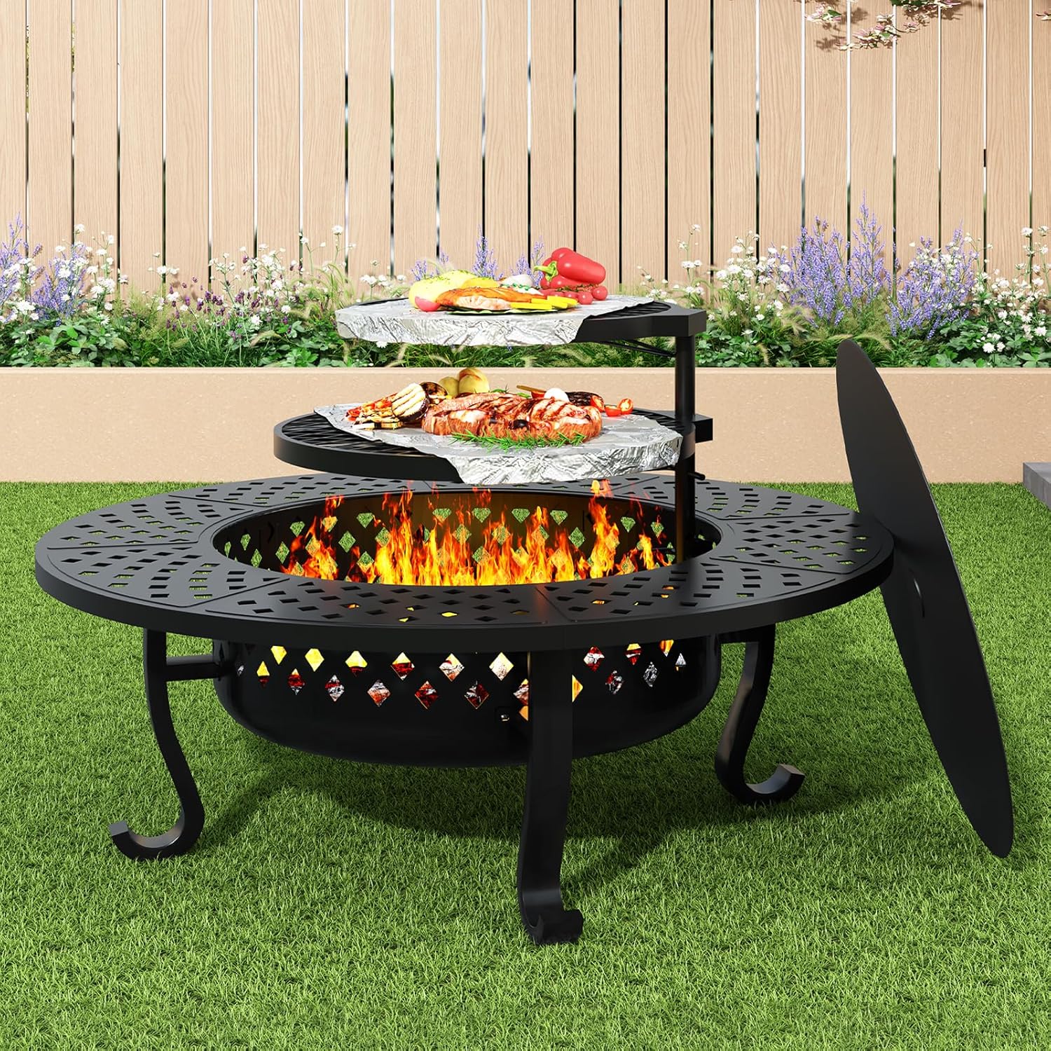 43 Inch Fire Pit with 2 Grill, Outdoor Wood Burning Firepit with Lid, Metal Round Table for Backyard Patio Garden Picnic Camping Bonfire