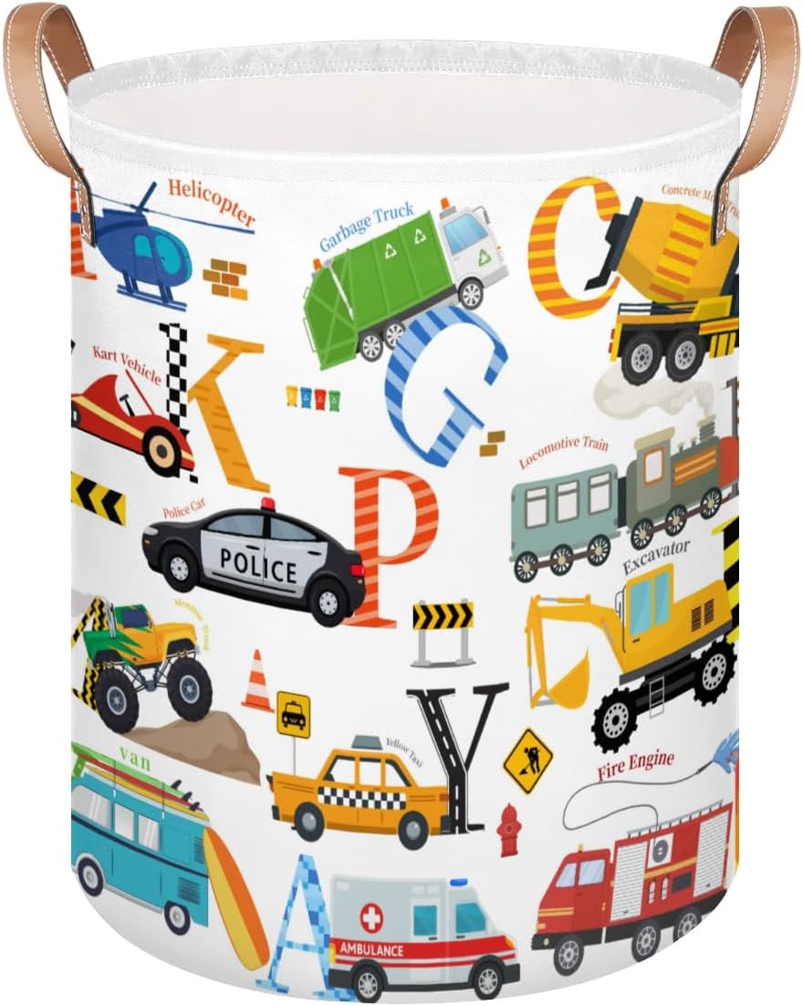 Alphabet Car Kids Laundry Basket, Cartoon Vehicles Nursery Laundry Hamper Foldable Storage Bin Toy Basket Dirty Clothes Storage Basket with Handles Organizer for Bedroom Bathroom