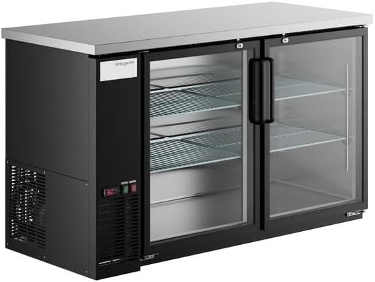 UBB-2G-HC 59-Inch Black Commercial Back Bar Refrigerator, Glass Door, LED Lighting, Counter Height, Stainless Steel Top, 2-Door Beverage Cooler