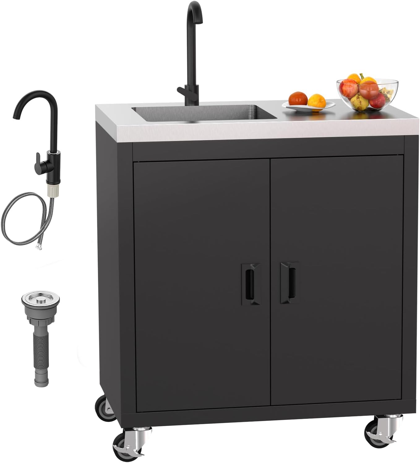 ROVSUN Stainless Steel Utility Sink with Cabinet & Wheels, Outdoor Heavy-Duty Freestanding Prep Grill Cart Sink for Backyard, Kitchen, Garage, Laundry, Garden Use 34.5