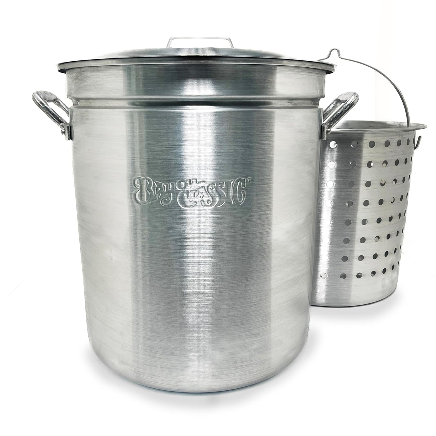 Bayou Classic 4060-60 Qt Aluminum Stockpot with Basket - Domed Lid, Riveted Handles, Steaming, Boiling