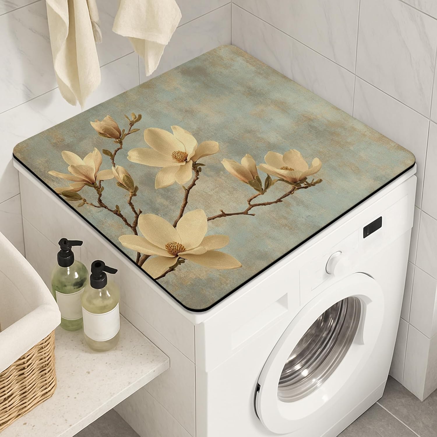Magnolia Washer Dryer Top Protector Mat, Soft Vintage Blossom Laundry Machine Dust Covers, Spring Decor Rubber Anti-slip Waterproof Washers and Dryers Mats for Laundry Room 24x24 Inch