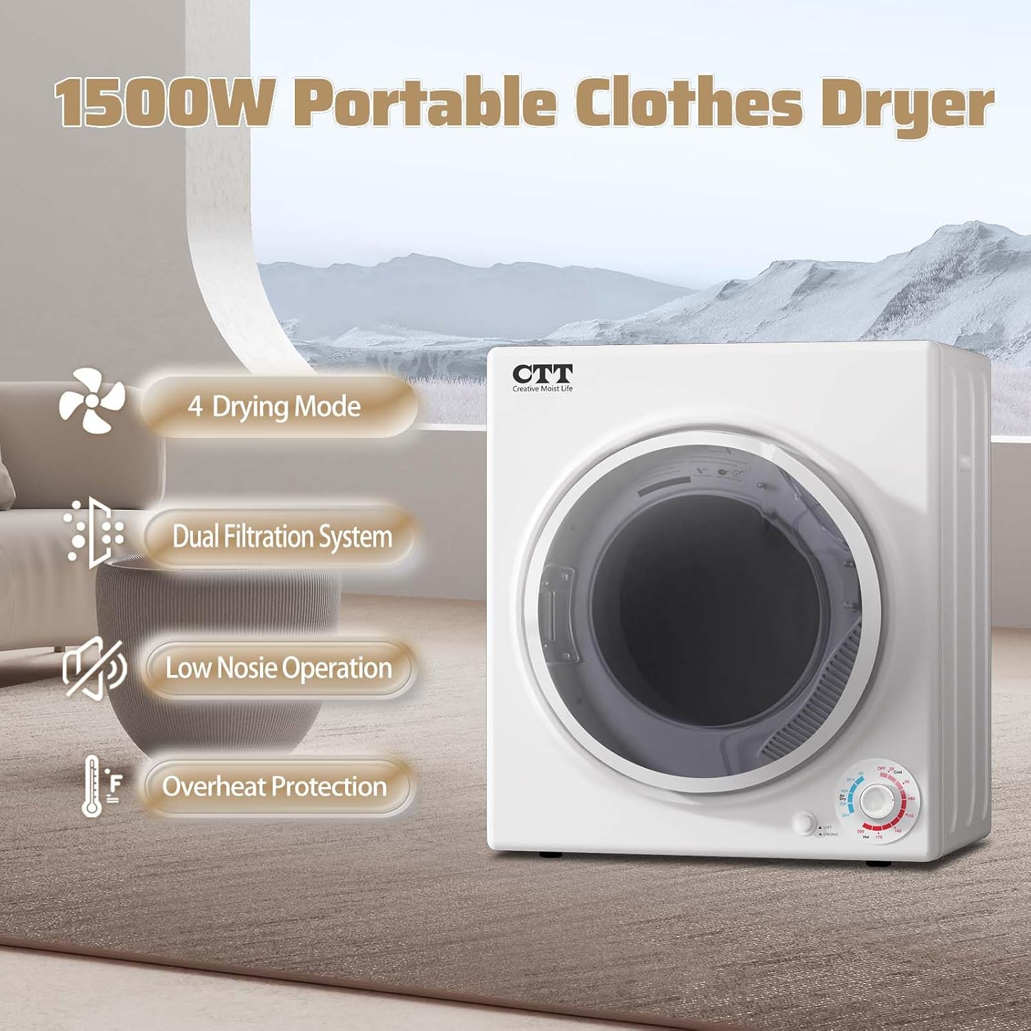 CTT Portable Clothes Dryers for Apartment 1500W, 3.5 cu.ft Compact Dryer for Laundry with 4 Drying Mode, 110V Dryer Machine with Stainless Steel Tub, Overheat Protection