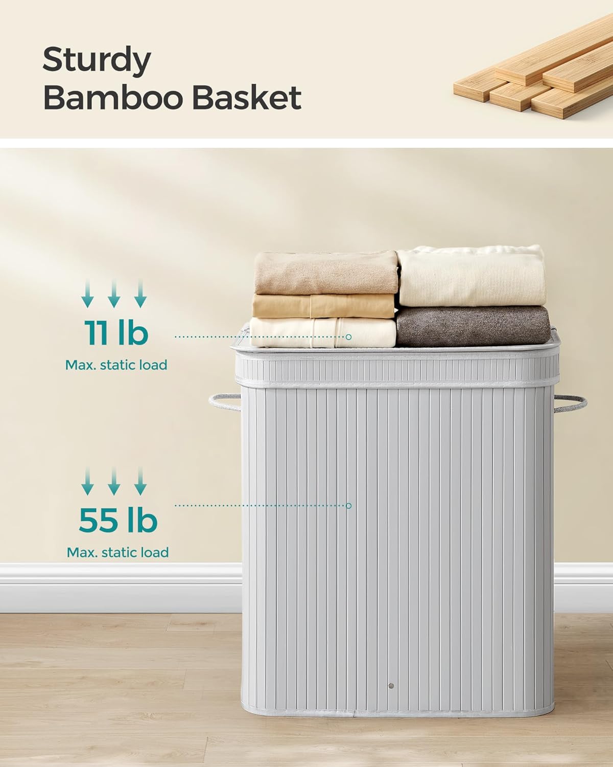 SONGMICS Laundry Hamper with Lid, Bamboo Laundry Basket, Removable Machine Washable Laundry Basket, with Handles, 26.4-Gallons, for Laundry Room, Bedroom, Bathroom, Dove Gray ULCB063G01