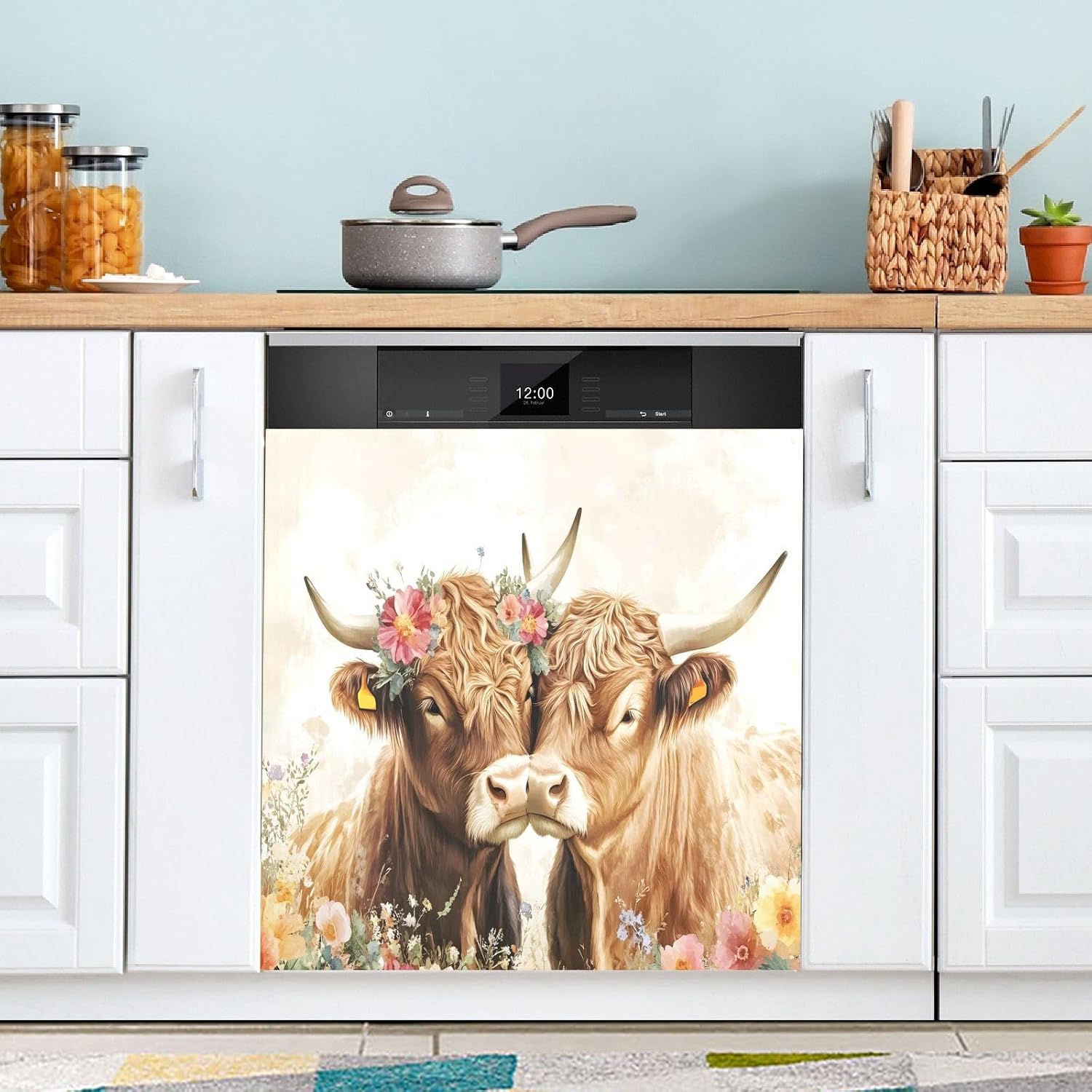 Dishwasher Magnet Cover Large Magnetic Stickers Two Highland Cows in Love Front Dishwasher Cover Reusable Decal for Home Kitchen Anti-Scratch Refrigerator Decorative Lid Washing Machine Laundry 23