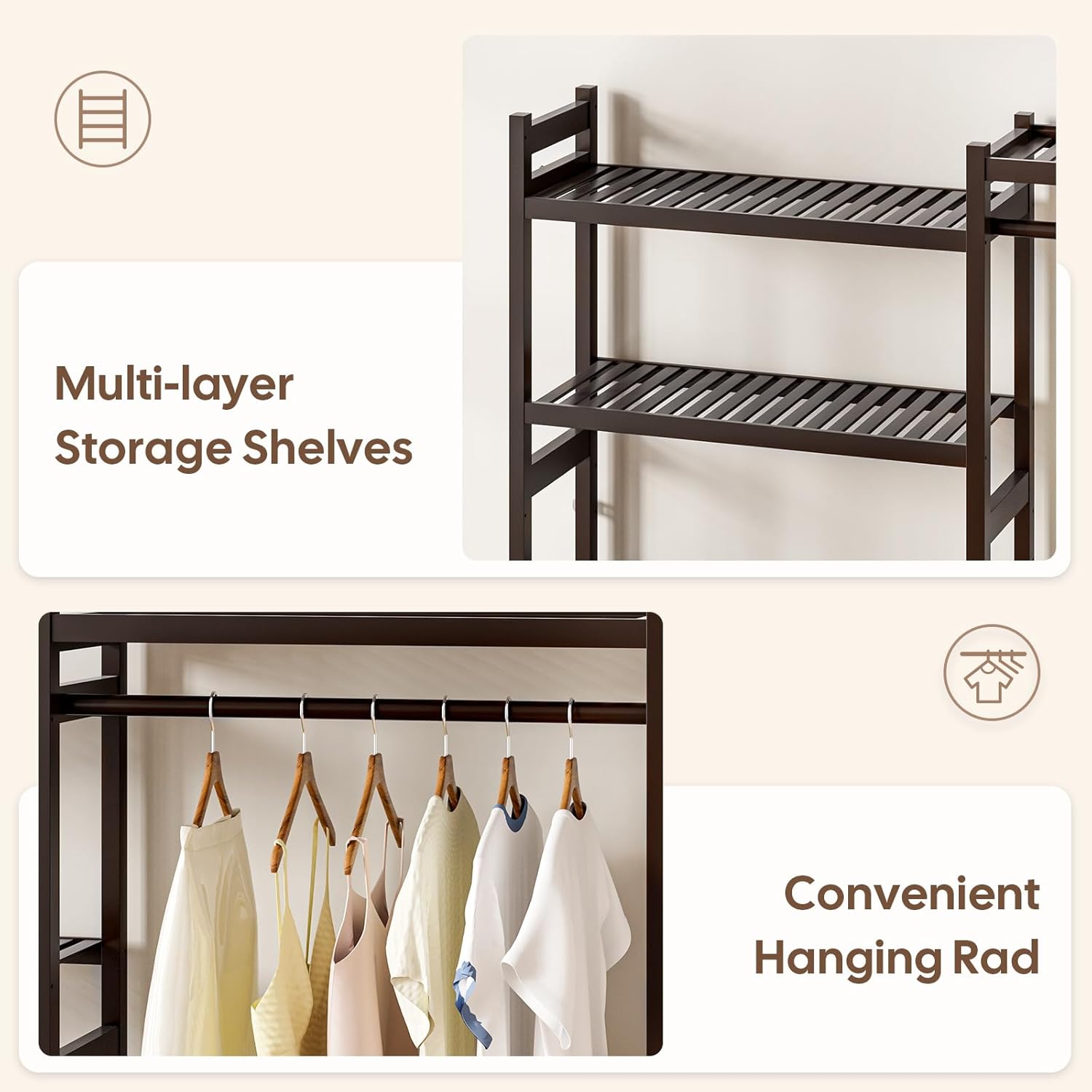 Over The Washer and Dryer Storage Shelf Bamboo,5 Tiers Laundry Room Drying Rack with Adjustable Shelves and 4 Hooks,Space Saver Organizer for Hanging Clothes and Towels (Brown)