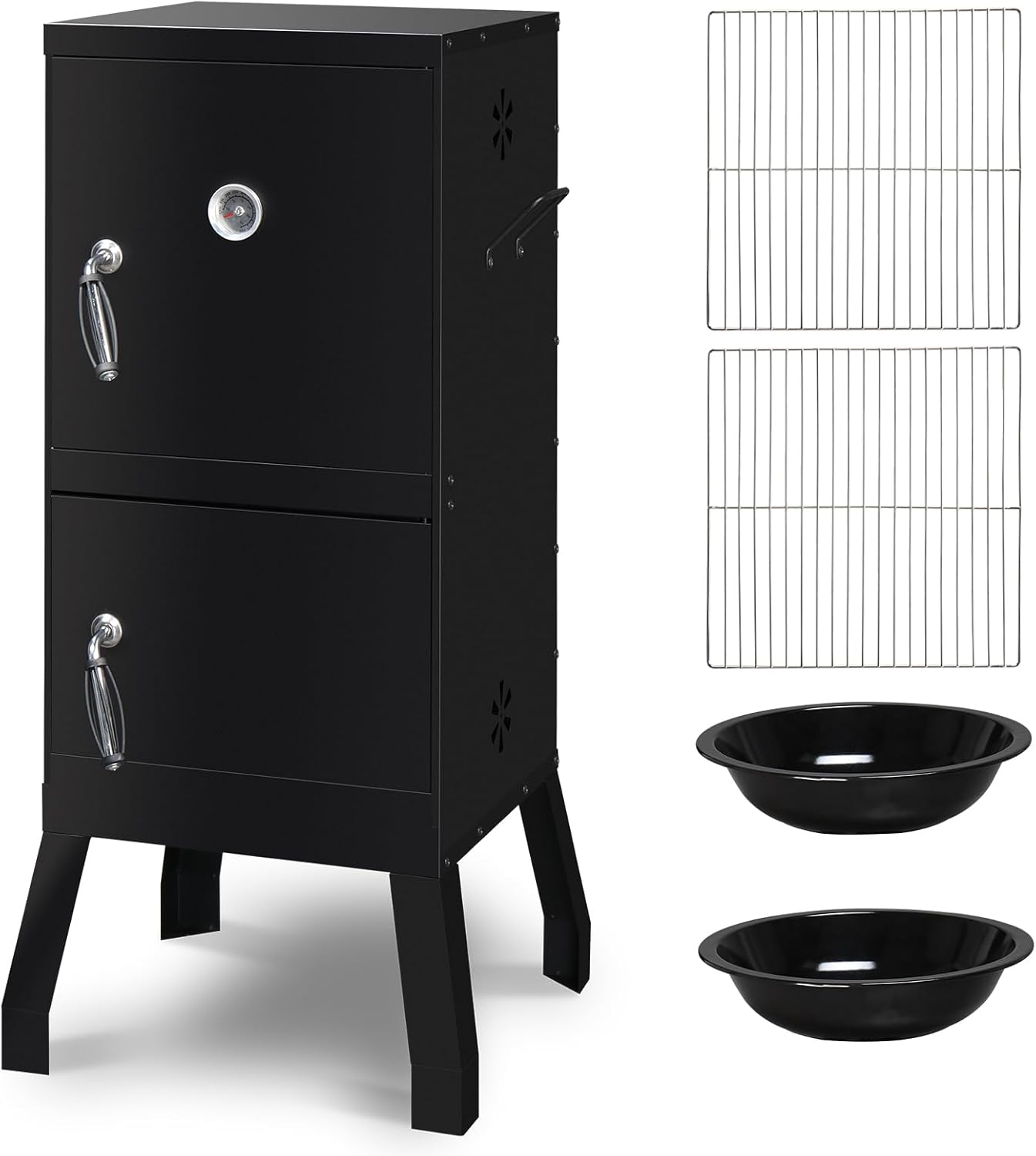 Outvita Outdoor Smoker with Double Doors, Vertical Charcoal Smoker, Outdoors Charcoal Barbeque with 2 Detachable Grill Netting Smoking Racks, Suitable for Lawn Picnic, Backyard BBQ, Black
