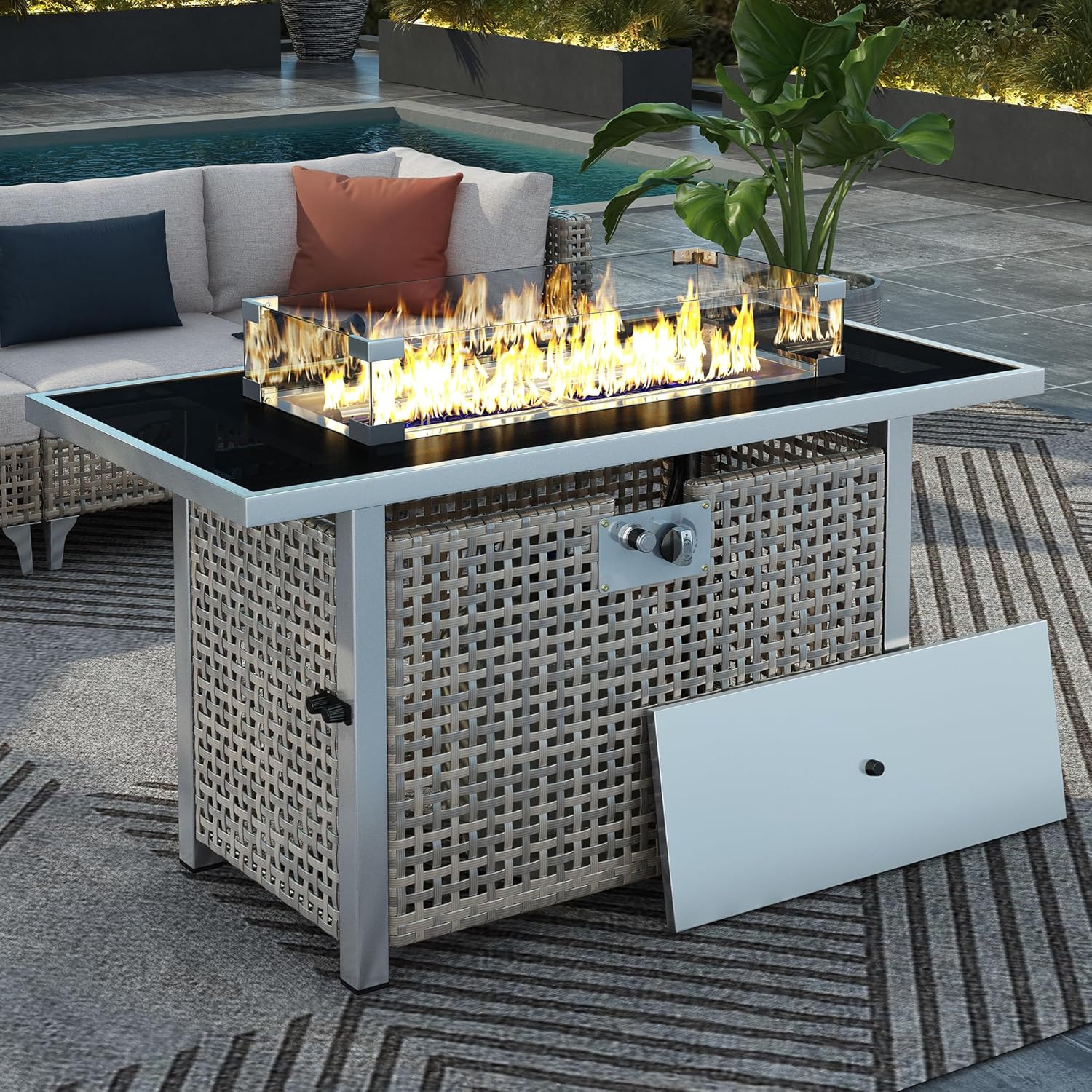 43 Inches Rectangular Propane Fire Pit Table, 60,000 Btu Grey Design with Glass Wind Guard for Patio, Deck, Backyard – Classic