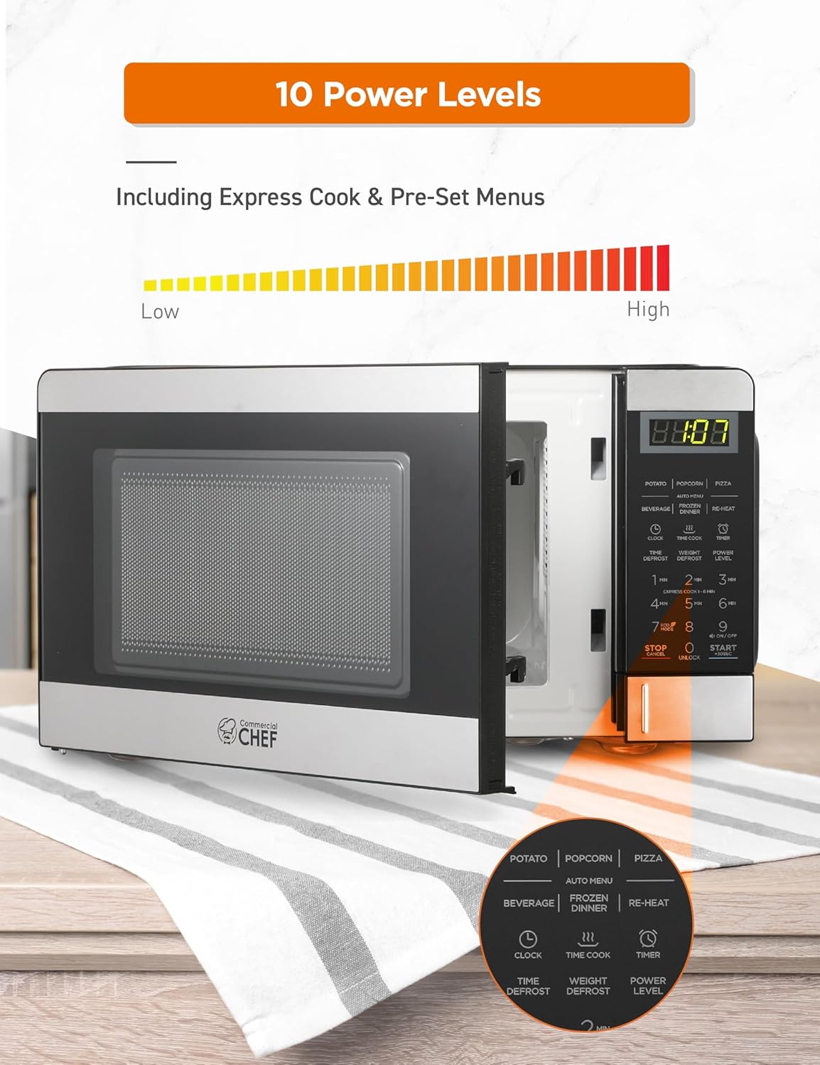 COMMERCIAL CHEF 0.7 Cubic Foot Microwave with 10 Power Levels, Small Microwave with Push Button, 700W Countertop up to 99 Minute Timer and Digital Display, Stainless Steel