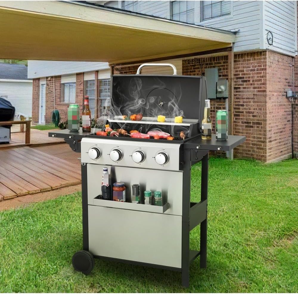 4-Burner Propane Gas Grill 34,200 BTU, Stainless Steel Outdoor BBQ with Wire Enamel Cooking Grids, Foldable Side Table, Heavy-Duty Grill for Backyard, Patio, Tailgating