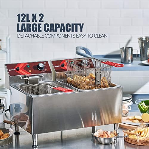 EGGKITPO Deep fryers Commercial Deep Fryer 12L x 2 Large Dual Tank Electric Countertop Fryer for Restaurant with 2 Frying Baskets and Lids, 1800W x 2, 120V