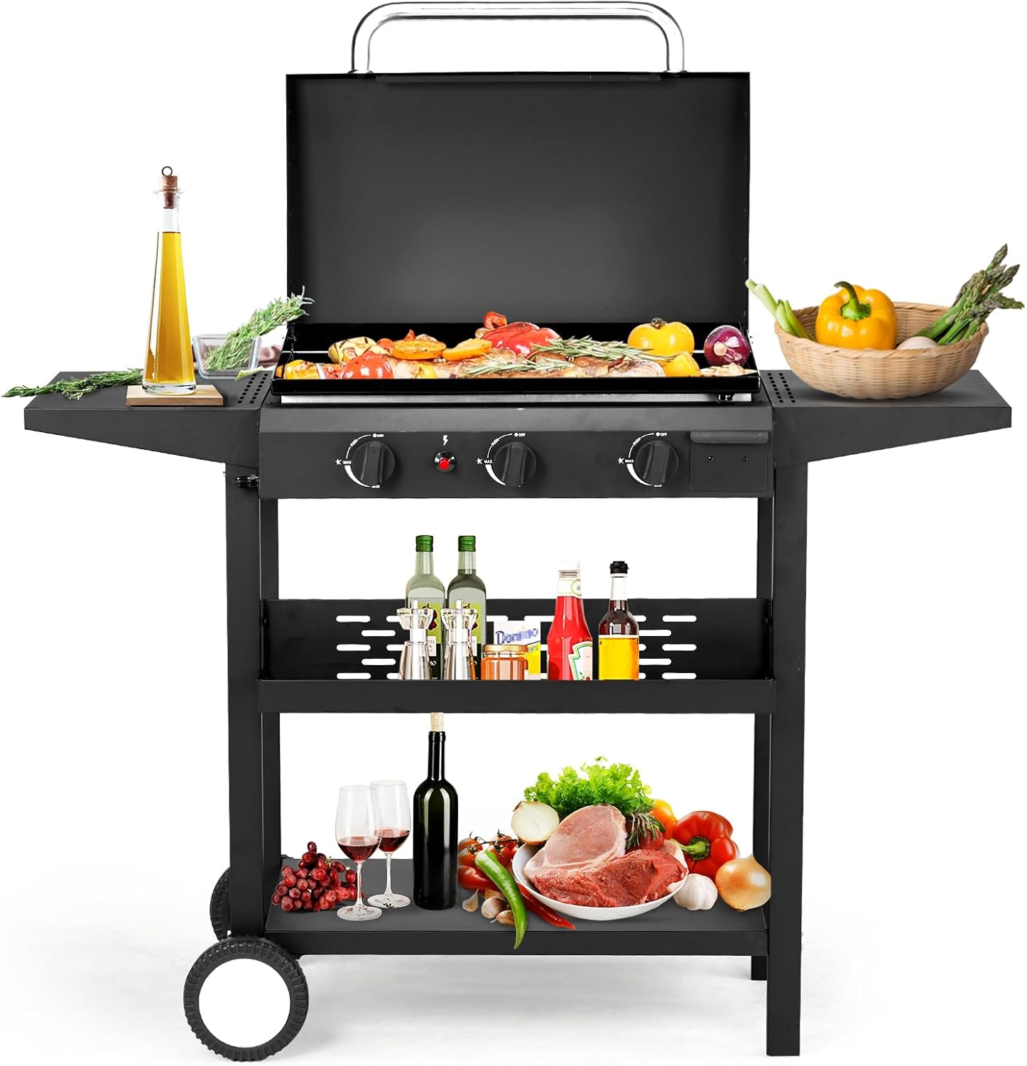 Propane Gas Griddle Grill 3-Burner,30,000 BTU Stainless BBQ Grill,Includes Side Shelf and Wheels,Ideal for Backyard,Patio,Outdoor Cooking