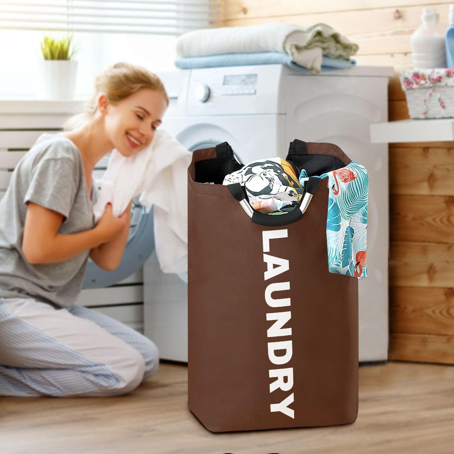 Laundry Hamper Bag Chocolate Foldable Laundry Baskets Washing Bin Fabric Clothes Bag 50L with Handles Chocolate
