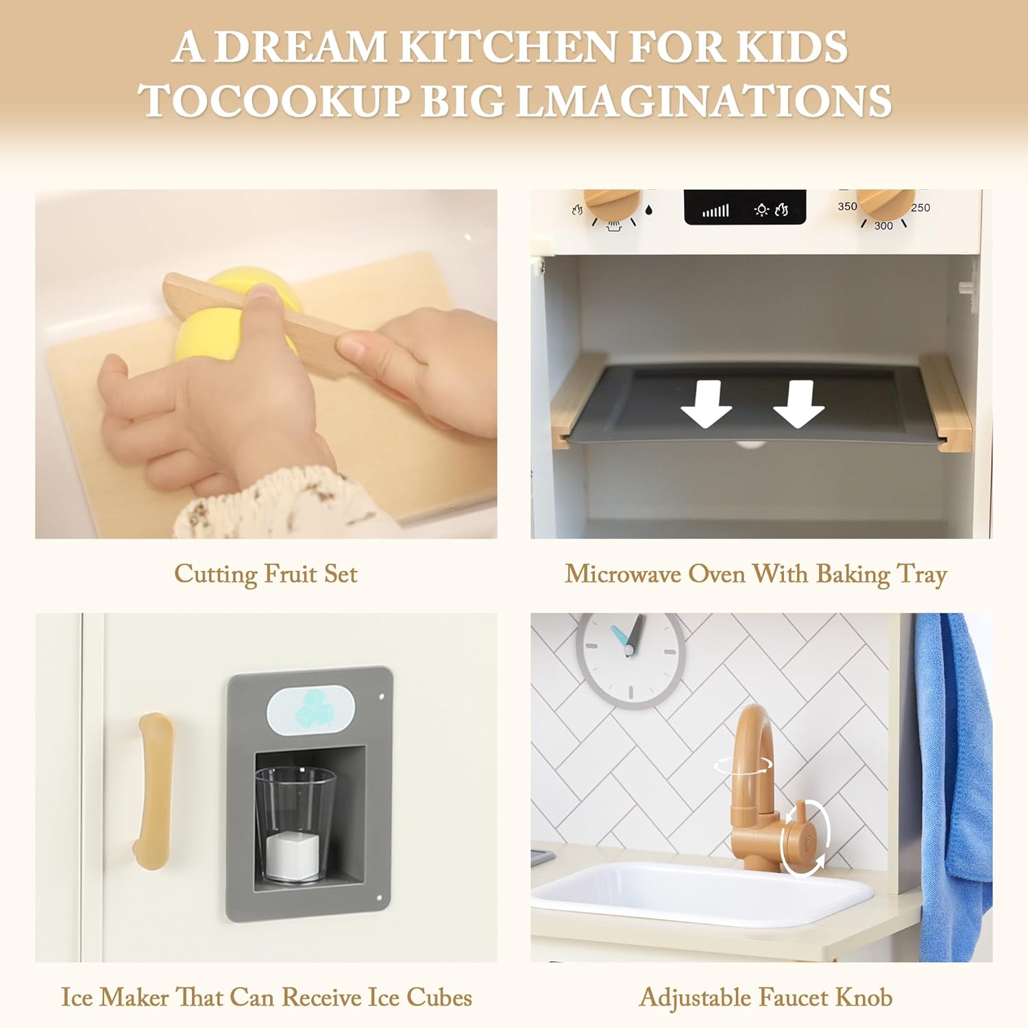 Freniland Wooden Play Kitchen, Kitchen Playset for Kids with Realistic Stove, Range Hood, Oven, Ice Maker, Microwave, Sink, with Light & Sound, 18 Accessories, Pretend Toy Kitchen, Gift for Ages 3+