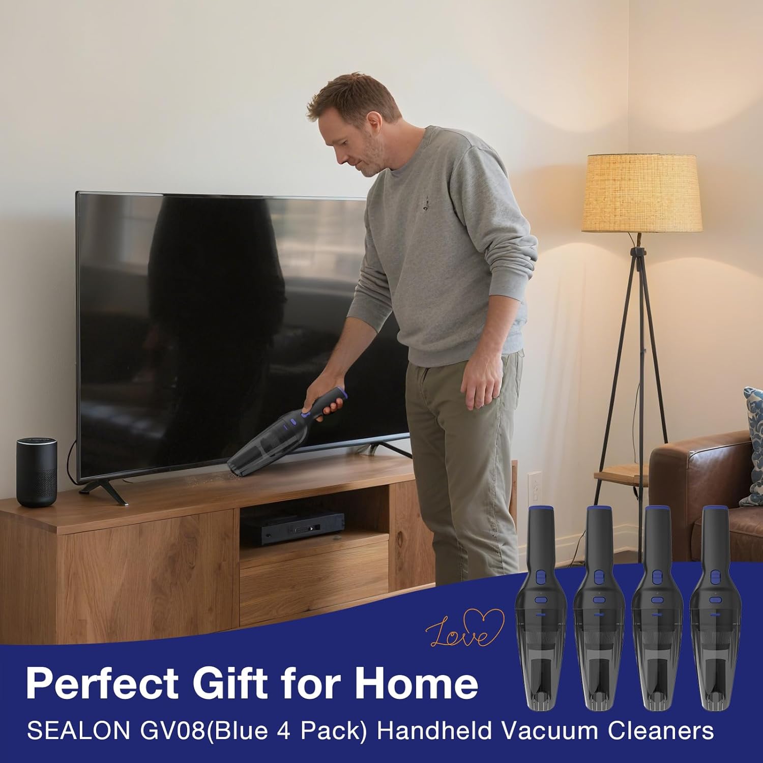 SEALON GV08 Handheld Rechargeable Car Vacuum Cleaner, 10KPa Vacuum Cleaner and Air Duster, High Power Hand Held Vacuum with LED Light and Multi-Nozzles for Car, Home, Office, Pet （Blue 4 Pack）