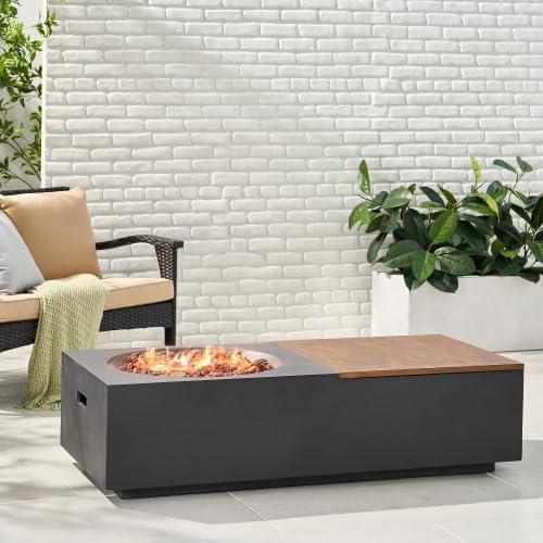 50,000 BTU Outdoor Rectangular Concrete Fire Pit Table with Storage, Lightweight MgO Fire Table with Removable Wood-Look Top, Weather-Resistant Patio Heating Table for Backyard, Dark Gray