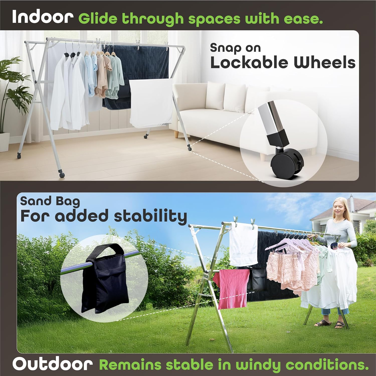 Clothes Drying Rack – 95-Inch Expandable Stainless Steel Laundry Hanger with Wheels Foldable & Heavy-Duty | Indoor Outdoor Use | Includes 20 Windproof Clips + 10 Large Pegs