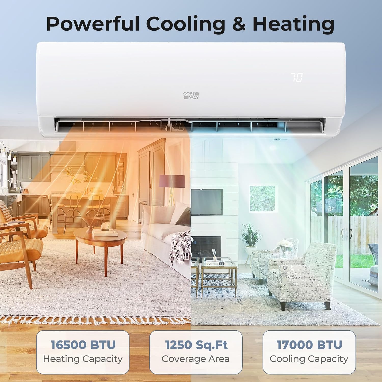 COSTWAY 17000 BTU Mini Split Air Conditioner, 208/230V 17 SEER2 Wifi Enabled Inverter Air Conditioner & Heater Pump System Cools Up to 1250 Sq. Ft, Compatible with Alexa, w/Installation Kit