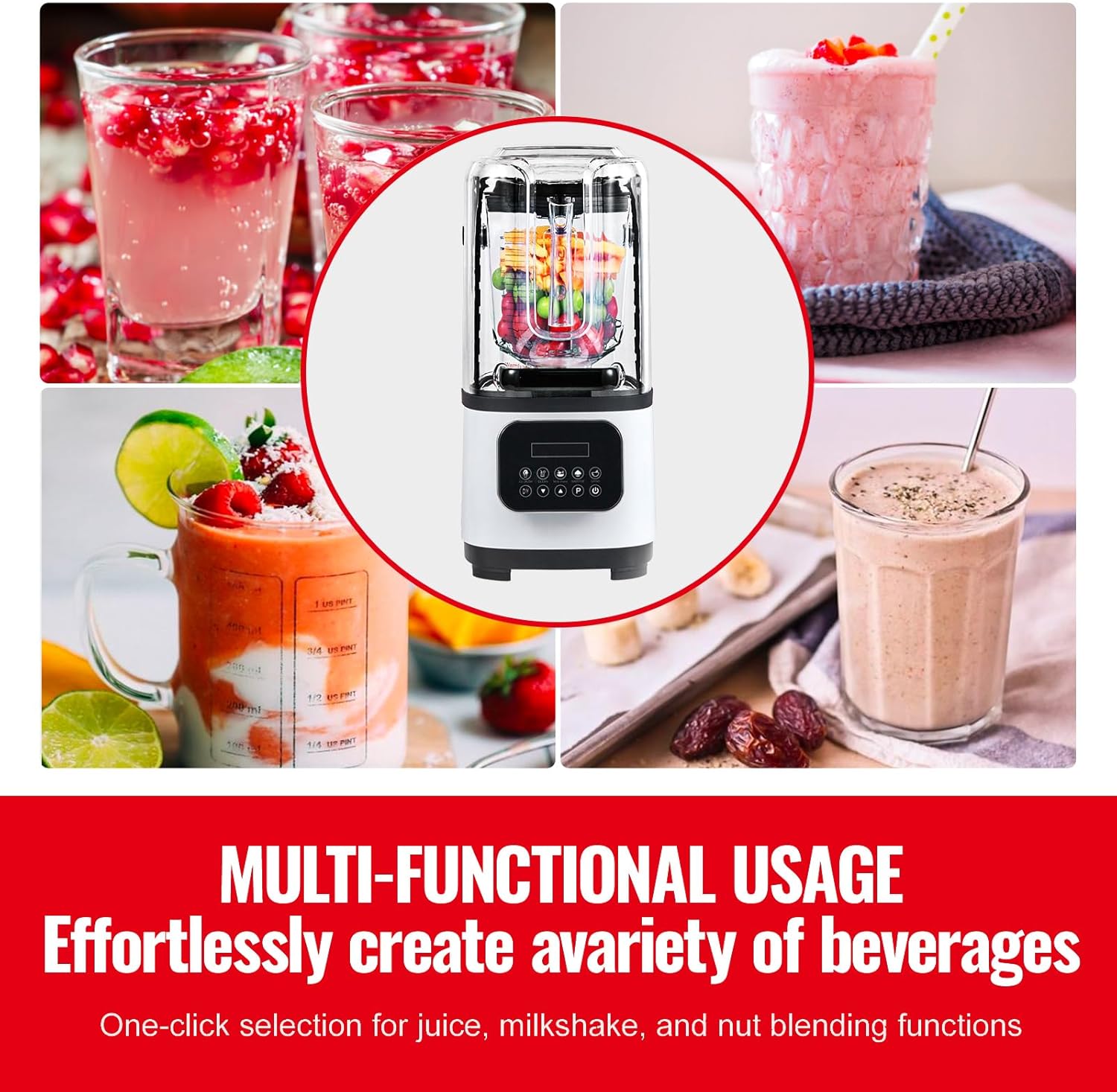 Happybuy Professional Blender with Shield, Commercial Countertop Blender, 68oz Plastic Jar, Stainless Steel, 9 Speed & 5 Functions for Shakes, Smoothies, Puree & Ice Crushing ，White