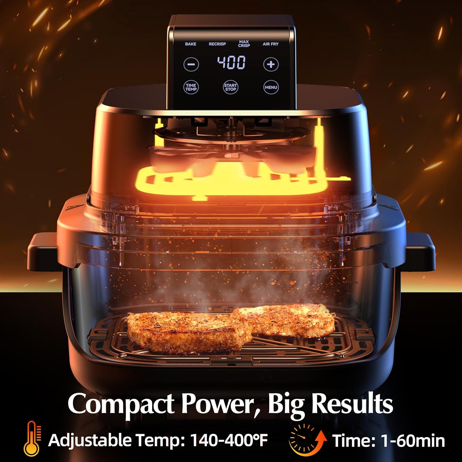 4-in-1 Portable Glass Air Fryer, 140–400°F Precise Heat, Max Crisp Technology, 4.2QT & 1.6QT Dual Containers with Lids, Freezer & Dishwasher Safe, Bake, Recrisp, Air Fry