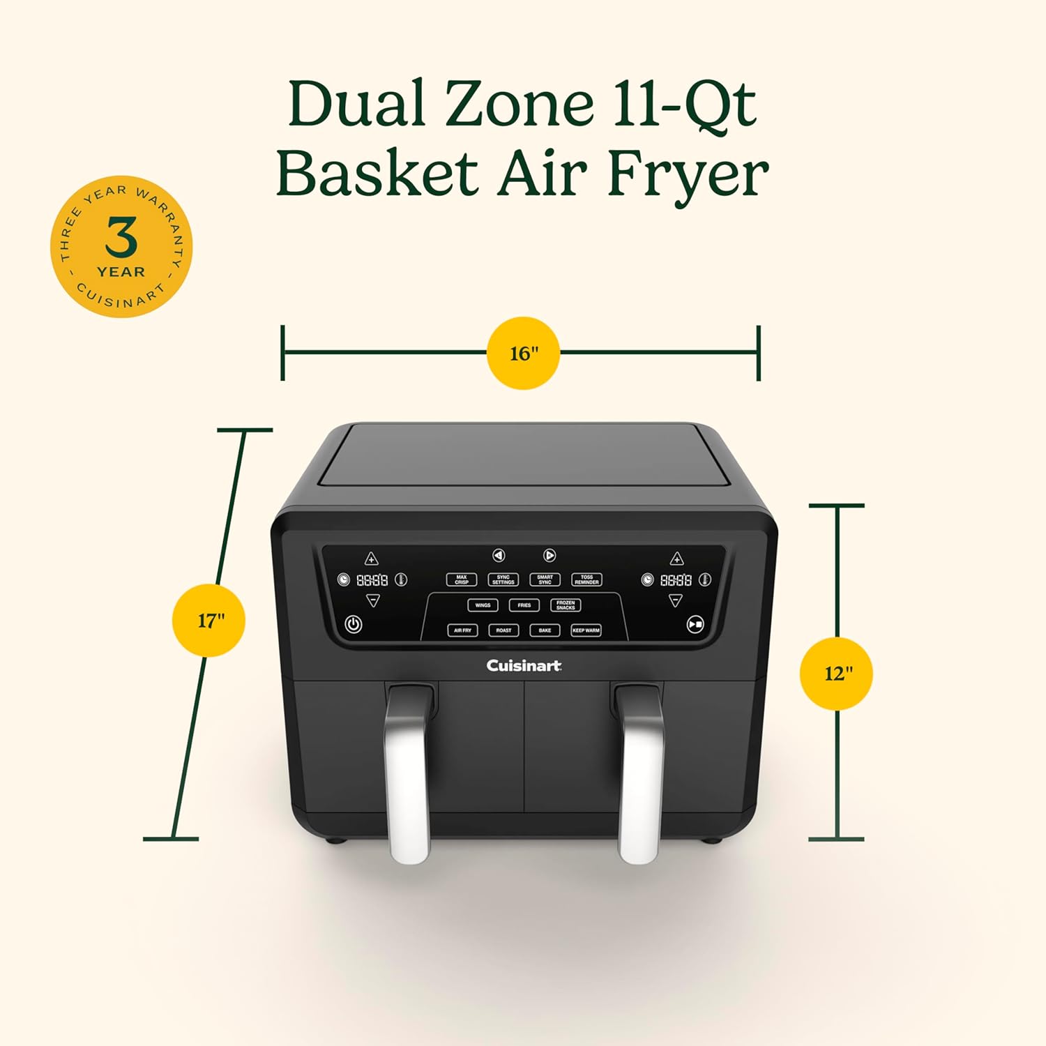 Cuisinart Dual Basket Air Fryer, Two Baskets Totals 11 QT, 4 Function Air Fryer to Air Fry, Roast, Bake & Keep Warm, Features Sync Finish & Settings, Toss Reminder, Automatic Warm Mode & Auto-Pause