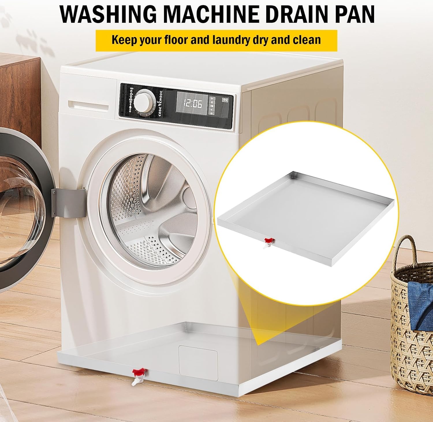 32 in x 30 in Washing Machine Pan for Washer and Dryer, 304 Stainless Steel Drain Pan, Washer Drip Tray with Drain Hole & Hose Adapte, 4 Pcs Anti-Vibration Washing Machine Feet