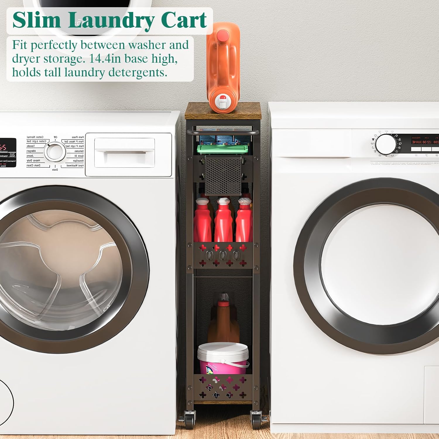 Slim Storage Cart 4 Tier Laundry Cart with Wheels, Narrow Metal Kitchen Rolling Carts Bathroom Organizers Storage Shelf with Wood Rack and Handle for Small Space