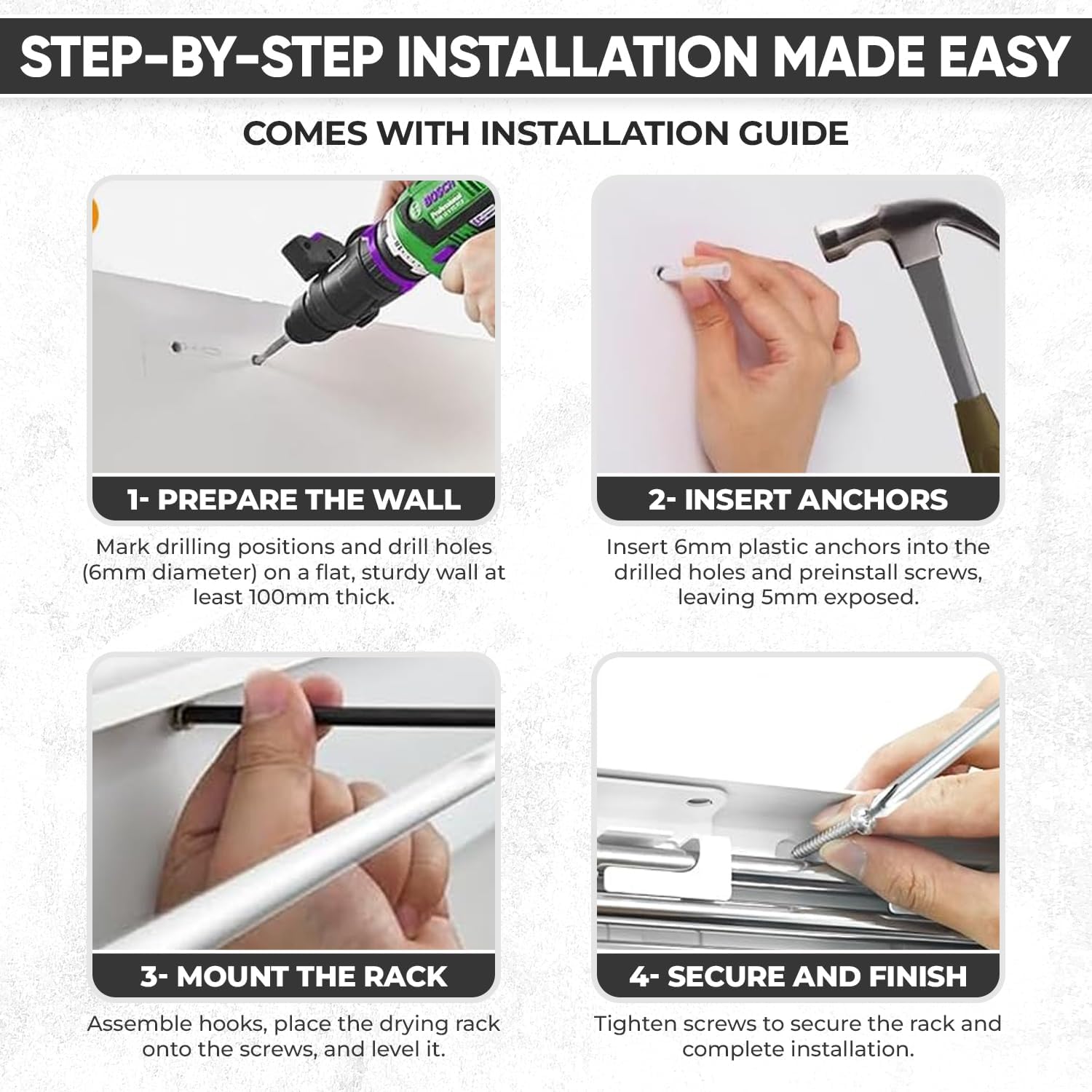 Wall Mounted Laundry Drying Rack, Retractable Clothes Drying Rack, 6 Rods Towel Drying Rack with Wall Template for Installation, Magnetic Dryer Ball Holder with Dryer Balls, White