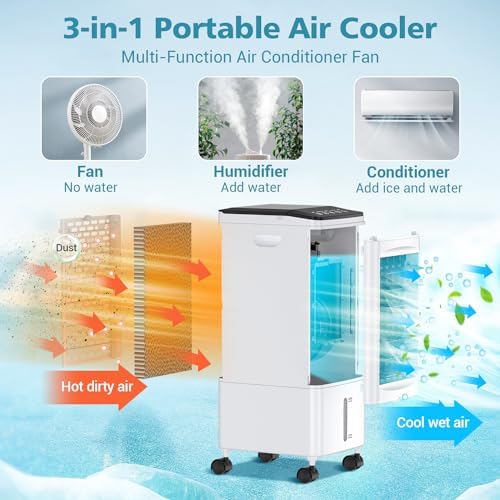 Portable Air Conditioners, 3-IN-1 Evaporative Air Cooler 3 Speed, 60° Oscillation, Remote Control & 1-7H Timer, 60W Energy Saving, Portable Space Cooler for Home Office Dorm