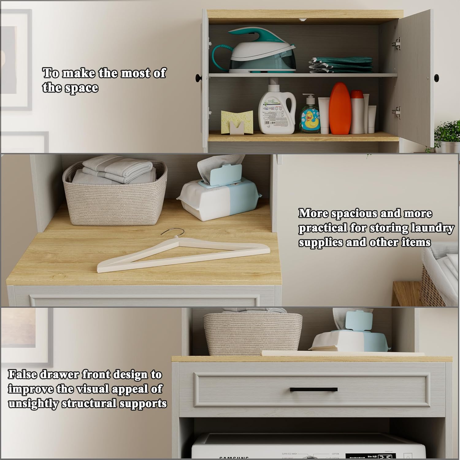 Over-Washer & Dryer Storage Cabinet - Features Fake Drawer Design,Adjustable Shelf,Wide Tabletop, and Anti-Tip Safety -Laundry Room Organizer for Space-Saving Storage Above Appliances