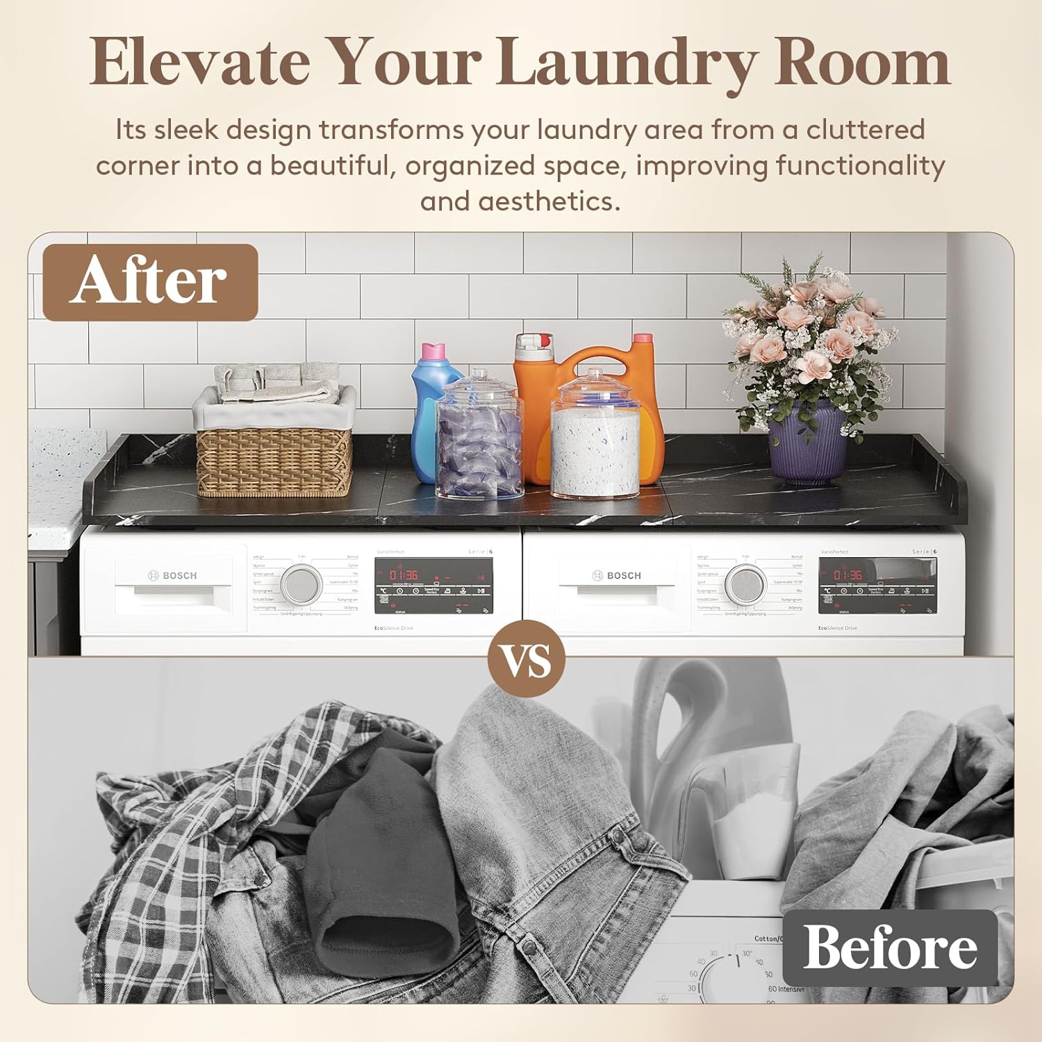 Lifewit Washer Dryer Countertop, Melamine Covers with Edge Rails for The Top, Laundry Room Storage and Organization, 54