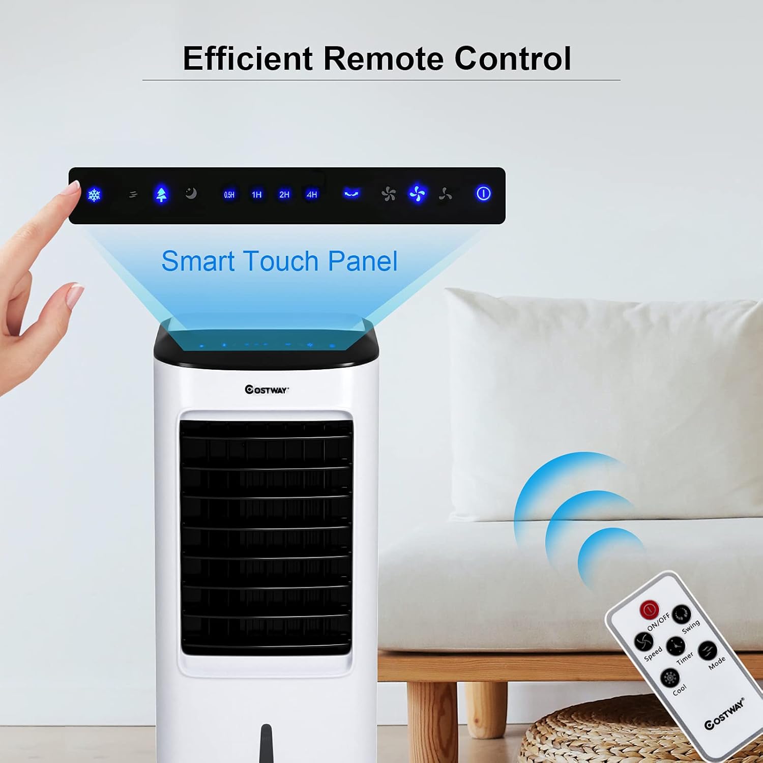 COSTWAY Portable Evaporative Air Cooler for Room, Remote Control, 3-Mode, 7.5H Timer, Include Ice Crystal Boxes, Casters and Water Tank, Bladeless Swamp Cooler for Home Office, Indoor Use, White