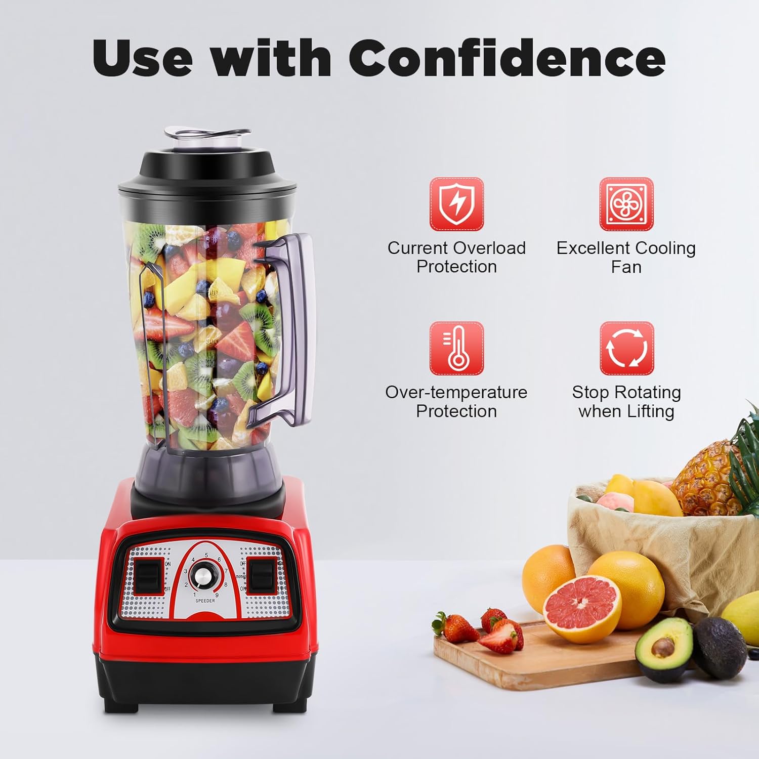 Commercial Blender 2200W Countertop, 4L Capacity Stainless Steel Blades with 9 Speed Settings, Chop/Dice/Pulse Ice Crushing Machine for Smoothies Shakes Home Restaurants Bars