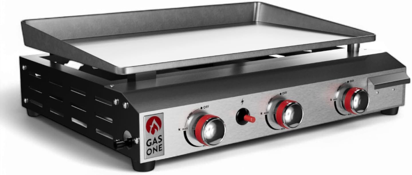 GasOne 26 In Flat Top Gas Grill with 3 Burners – Auto Ignition Propane – Premium Stainless Steel Body Tabletop with Pre Season Griddle – Oil Drip Tray – for RV, Camping