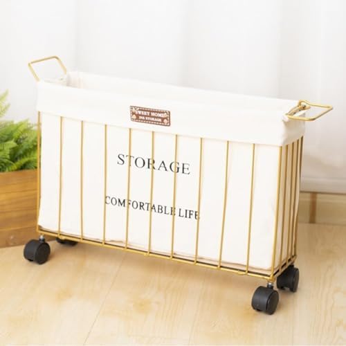 Rolling Laundry Basket, Laundry Basket Iron Wire Laundry Basket w/Rolling Wheels Slim Narrow Laundry Hamper w/Detachable Liner & Handles Space-Saving Dirty Laundry Cart Sorter (GOL