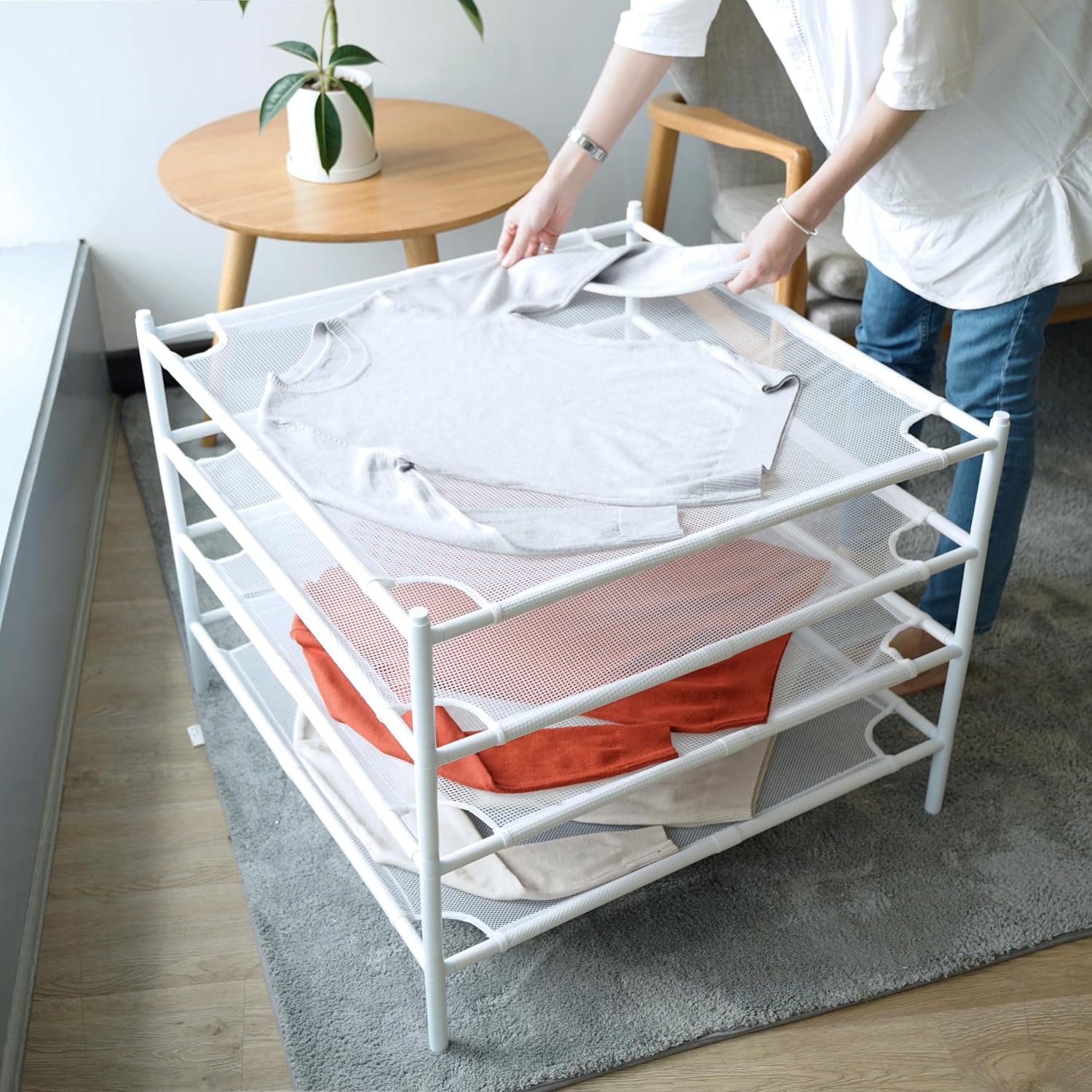 Sweater Drying Rack, 4-Layer Stackable Flat Clothes Drying Rack, Laundry Drying Rack, Mesh Air Dryer, Portable Dry Rack for Indoor & Outdoor