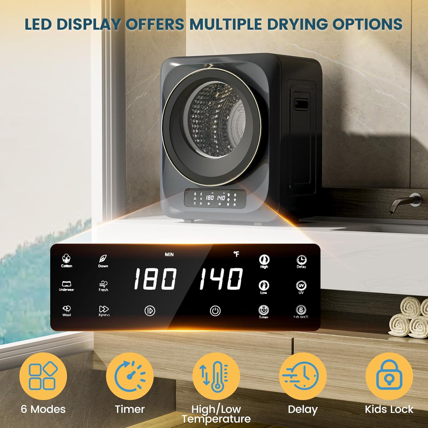 Zynkez 12Lbs Portable Clothes Dryer, 120V 850W Electric Compact Laundry Dryer with 6 Drying Modes, LED Touch Panel, Stainless Steel Tub for Apartments, Home, Dorms, RVs (Grey)