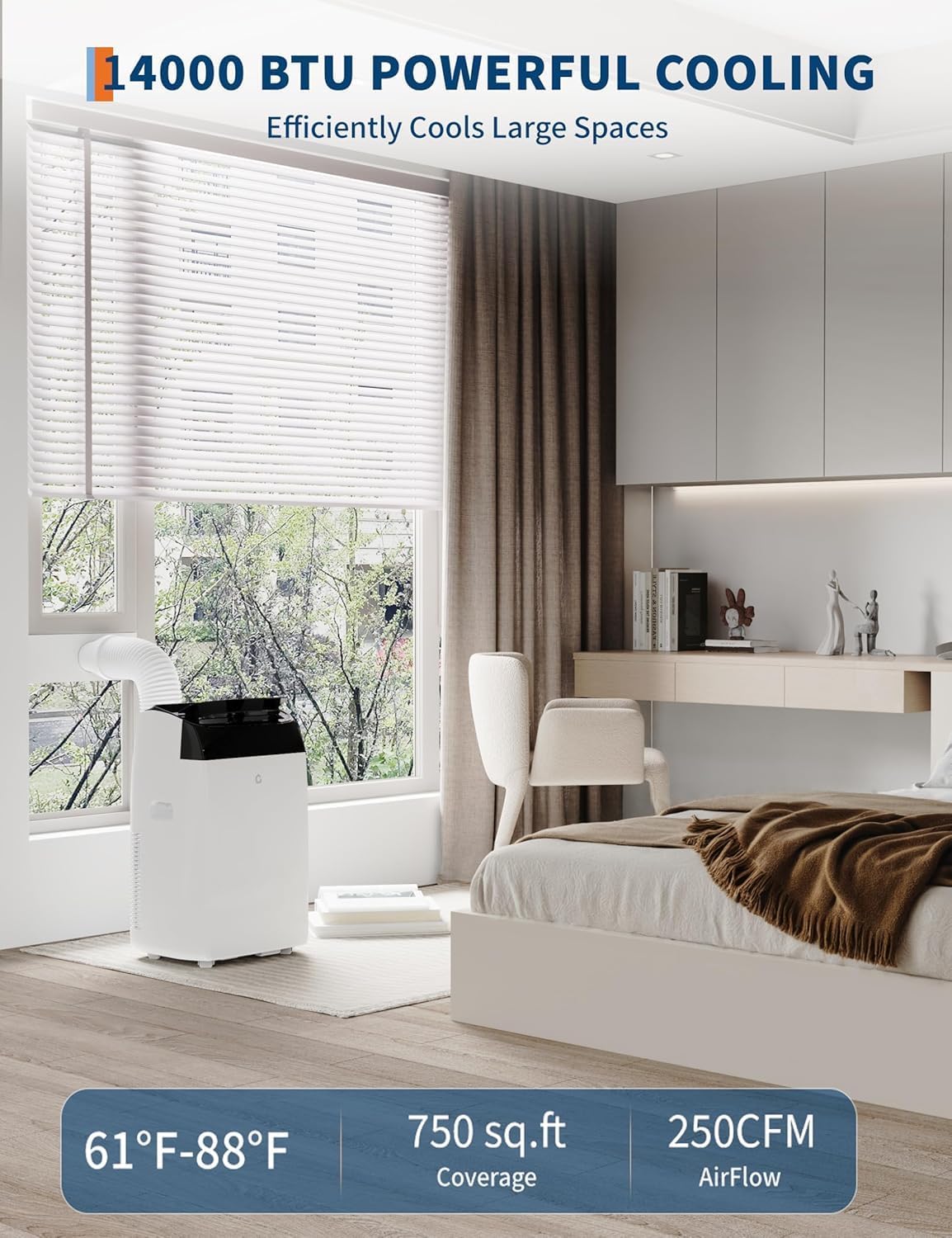 14000 BTU Portable Air Conditioners 3-IN-1 Portable AC Unit Cooling Up to 750 Sq.Ft Quiet Standing Air Conditioner with Remote Control, Cool, Fan, Dehumidifier, 24H Timer for Room Bedroom Floor