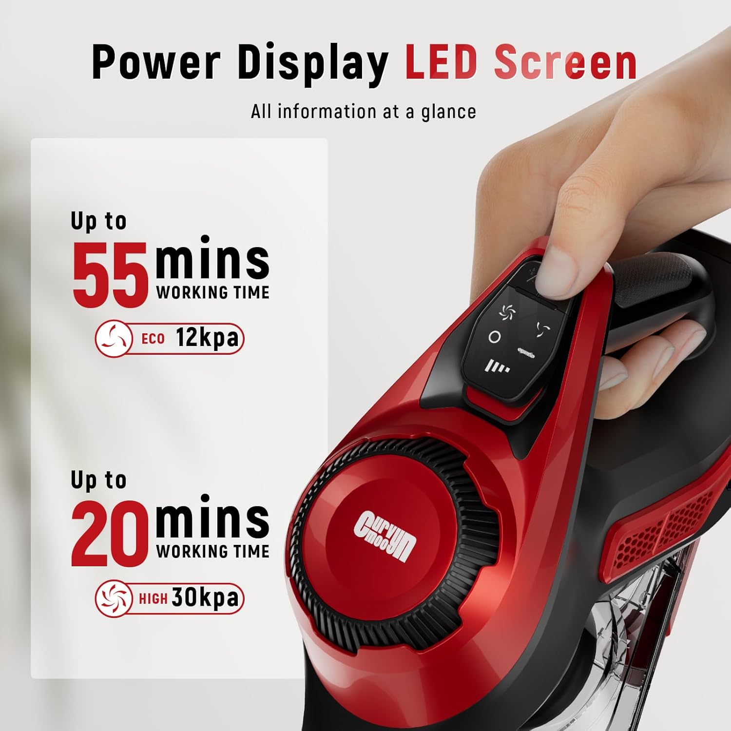 Cordless Vacuum Cleaner for Home, Stick Vacuum 40Kpa, Smart Display & 1.5L Dust Cup, MAX 55mins Runtime, Lightweight Handheld Vavuum for Pet Hair/Carpet/Hardwood Floor/Car (Crimson)