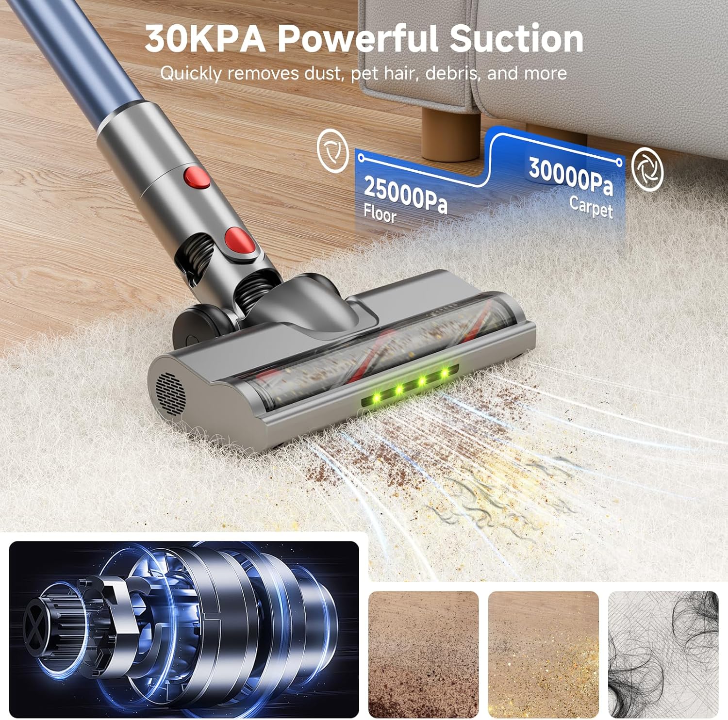 Cordless Vacuum Cleaner for Home, Powerful Stick Vacuum with Rechargeable Battery, Green Light Anti-Tangle Brush, 6-in-1 Lightweight Handheld Vacuum for Pet Hair, Hard Floor, Carpet, Red