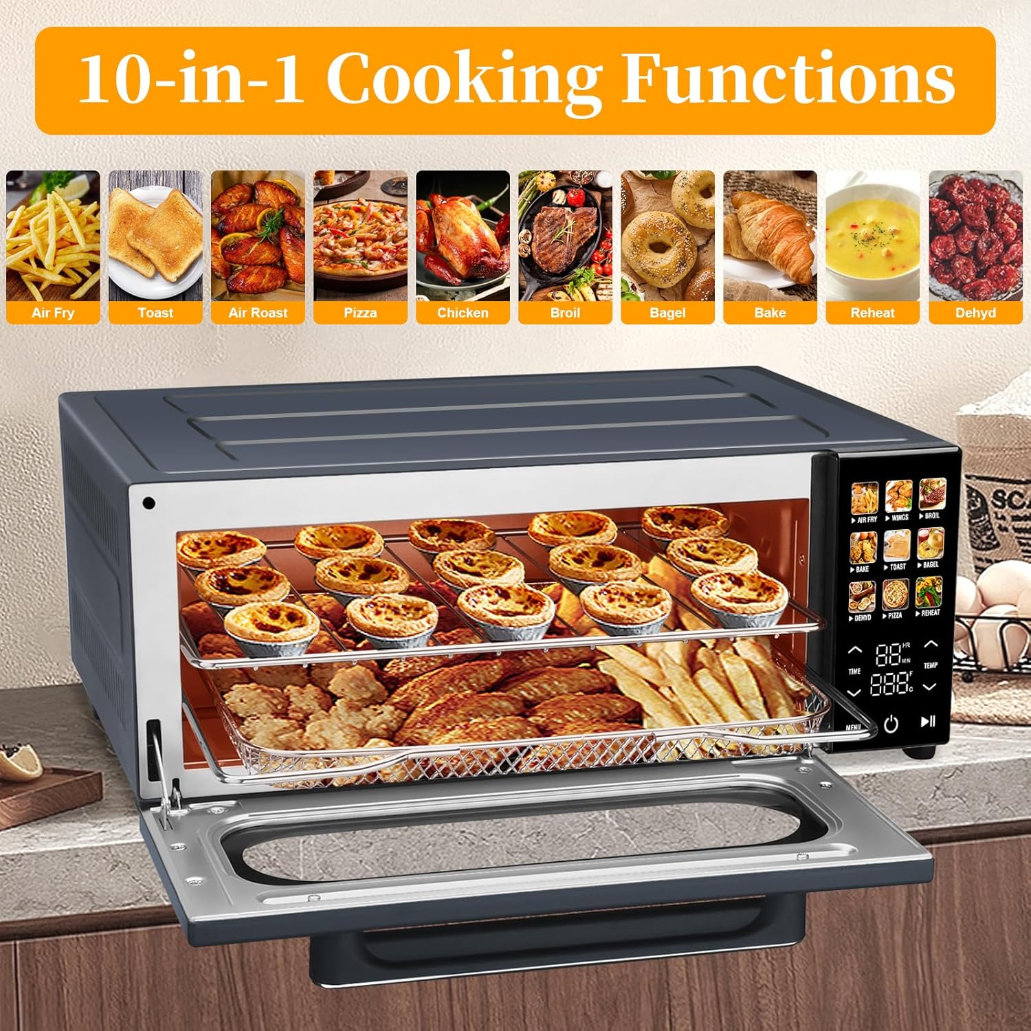 SEEDEEM 10-in-1 Air Convection Toaster Oven, 15L Convection Toaster Oven Cooker with Color LCD Display and Touch Screen, Toaster, Air Fryer, Dehydrate, 4 Accessories Included, 1800W, Ash Gray